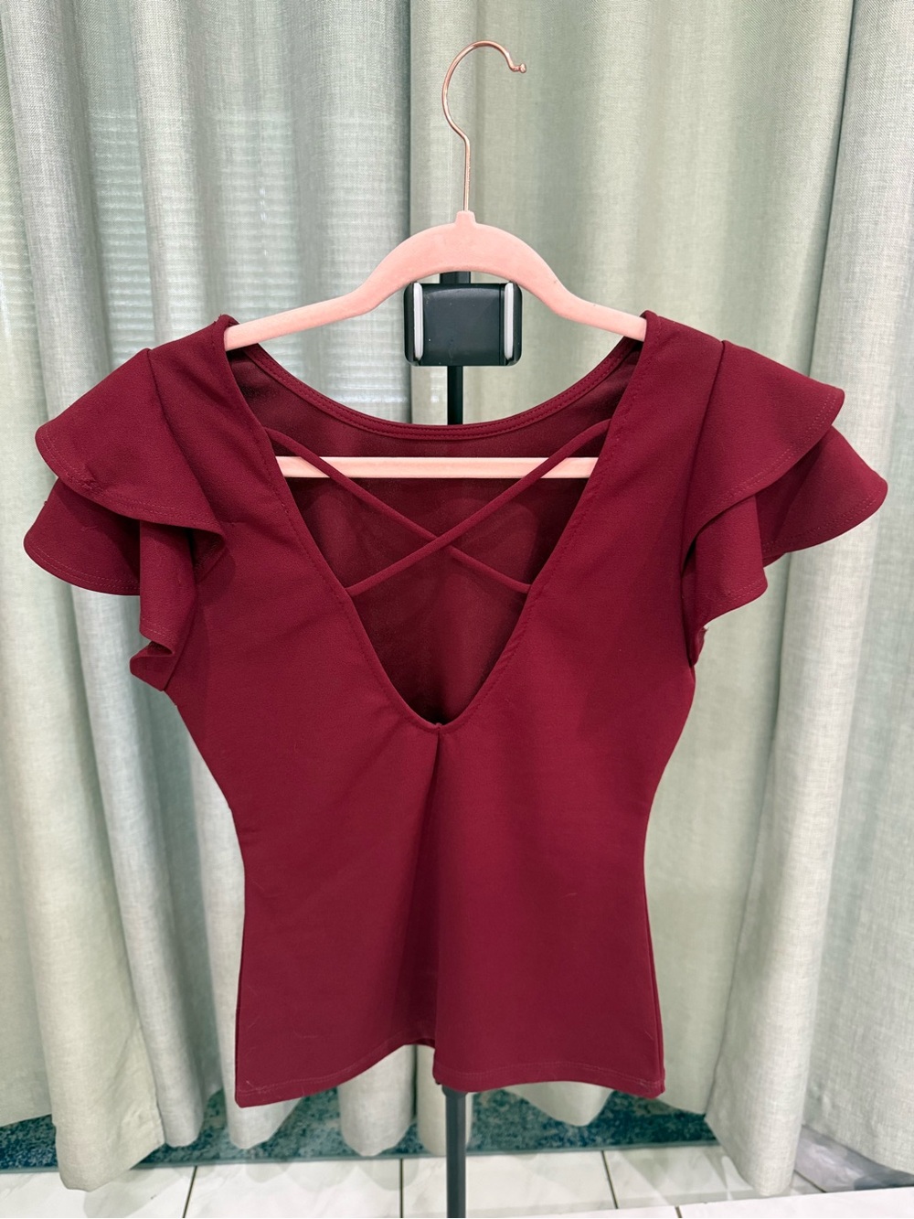 Windsor Burgundy Flutter Sleeve V-Neck Top with Crisscross Back